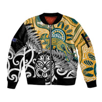 New Zealand Australia Rugby Custom Sleeve Zip Bomber Jacket Wallabies Aboriginal All Black Maori Tiki Together LT14 Unisex Black - Polynesian Pride