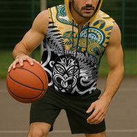New Zealand Australia Rugby Custom Sleeveless Zip Hoodie Wallabies Aboriginal All Black Maori Tiki Together LT14 - Polynesian Pride