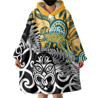 New Zealand Australia Rugby Custom Wearable Blanket Hoodie Wallabies Aboriginal All Black Maori Tiki Together LT14 - Polynesian Pride