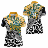 New Zealand Australia Rugby Custom Women Polo Shirt Wallabies Aboriginal All Black Maori Tiki Together - Polynesian Pride