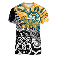 New Zealand Australia Rugby Custom Women V-Neck T-Shirt Wallabies Aboriginal All Black Maori Tiki Together LT14 Female Black - Polynesian Pride