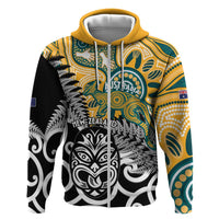 New Zealand Australia Rugby Custom Zip Hoodie Wallabies Aboriginal All Black Maori Tiki Together LT14 Zip Hoodie Black - Polynesian Pride