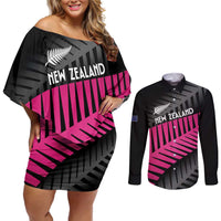 New Zealand Silver Fern Rugby Custom Couples Matching Off Shoulder Short Dress and Long Sleeve Button Shirt 2025 All Black Go Champions LT14 Black - Polynesian Pride