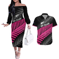 New Zealand Silver Fern Rugby Custom Couples Matching Off The Shoulder Long Sleeve Dress and Hawaiian Shirt 2025 All Black Go Champions LT14 Black - Polynesian Pride