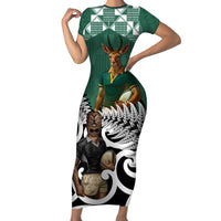 New Zealand South Africa Rugby Custom Family Matching Short Sleeve Bodycon Dress and Hawaiian Shirt Springboks Kente All Black Maori Together LT14 Mom's Dress Green - Polynesian Pride