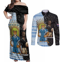 New Zealand Argentina Rugby Custom Couples Matching Off Shoulder Maxi Dress and Long Sleeve Button Shirt 2025 Los Pumas All Black Together LT14 Black - Polynesian Pride
