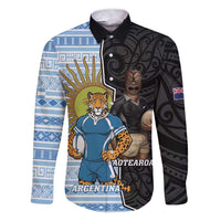New Zealand Argentina Rugby Custom Family Matching Short Sleeve Bodycon Dress and Hawaiian Shirt 2025 Los Pumas All Black Together LT14 Dad's Shirt - Long Sleeve Black - Polynesian Pride