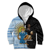 New Zealand Argentina Rugby Custom Kid Hoodie 2025 Los Pumas All Black Together LT14 Zip Hoodie Black - Polynesian Pride