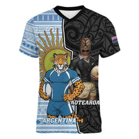 New Zealand Argentina Rugby Custom Women V-Neck T-Shirt 2025 Los Pumas All Black Together LT14 Female Black - Polynesian Pride