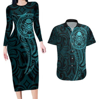 New Zealand Skull Darts Couples Matching Long Sleeve Bodycon Dress and Hawaiian Shirt Aotearoa Maori Chest Tattoo Stylized Teal LT14 Teal - Polynesian Pride