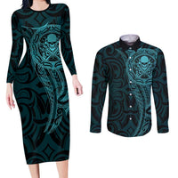 New Zealand Skull Darts Couples Matching Long Sleeve Bodycon Dress and Long Sleeve Button Shirt Aotearoa Maori Chest Tattoo Stylized Teal LT14 Teal - Polynesian Pride