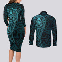 New Zealand Skull Darts Couples Matching Long Sleeve Bodycon Dress and Long Sleeve Button Shirt Aotearoa Maori Chest Tattoo Stylized Teal LT14 - Polynesian Pride