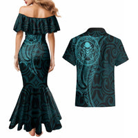 New Zealand Skull Darts Couples Matching Mermaid Dress and Hawaiian Shirt Aotearoa Maori Chest Tattoo Stylized Teal LT14 - Polynesian Pride