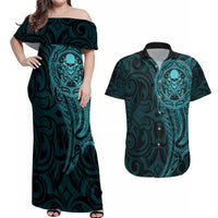 New Zealand Skull Darts Couples Matching Off Shoulder Maxi Dress and Hawaiian Shirt Aotearoa Maori Chest Tattoo Stylized Teal LT14 Teal - Polynesian Pride