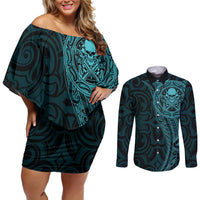 New Zealand Skull Darts Couples Matching Off Shoulder Short Dress and Long Sleeve Button Shirt Aotearoa Maori Chest Tattoo Stylized Teal LT14 Teal - Polynesian Pride