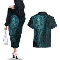 New Zealand Skull Darts Couples Matching Off The Shoulder Long Sleeve Dress and Hawaiian Shirt Aotearoa Maori Chest Tattoo Stylized Teal LT14 - Polynesian Pride