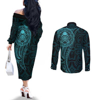 New Zealand Skull Darts Couples Matching Off The Shoulder Long Sleeve Dress and Long Sleeve Button Shirt Aotearoa Maori Chest Tattoo Stylized Teal LT14 - Polynesian Pride