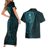 New Zealand Skull Darts Couples Matching Short Sleeve Bodycon Dress and Hawaiian Shirt Aotearoa Maori Chest Tattoo Stylized Teal LT14 - Polynesian Pride