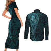 New Zealand Skull Darts Couples Matching Short Sleeve Bodycon Dress and Long Sleeve Button Shirt Aotearoa Maori Chest Tattoo Stylized Teal LT14 - Polynesian Pride