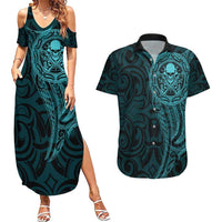 New Zealand Skull Darts Couples Matching Summer Maxi Dress and Hawaiian Shirt Aotearoa Maori Chest Tattoo Stylized Teal LT14 Teal - Polynesian Pride