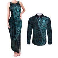 New Zealand Skull Darts Couples Matching Tank Maxi Dress and Long Sleeve Button Shirt Aotearoa Maori Chest Tattoo Stylized Teal LT14 Teal - Polynesian Pride