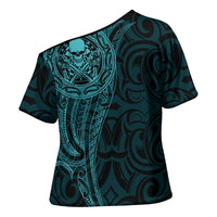 New Zealand Skull Darts Cross Shoulder Shirt Aotearoa Maori Chest Tattoo Stylized Teal LT14 - Polynesian Pride