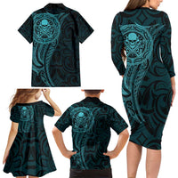 New Zealand Skull Darts Family Matching Long Sleeve Bodycon Dress and Hawaiian Shirt Aotearoa Maori Chest Tattoo Stylized Teal LT14 - Polynesian Pride
