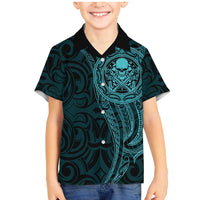 New Zealand Skull Darts Family Matching Mermaid Dress and Hawaiian Shirt Aotearoa Maori Chest Tattoo Stylized Teal LT14 Son's Shirt Teal - Polynesian Pride