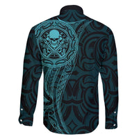 New Zealand Skull Darts Family Matching Off The Shoulder Long Sleeve Dress and Hawaiian Shirt Aotearoa Maori Chest Tattoo Stylized Teal LT14 - Polynesian Pride