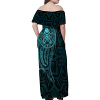 New Zealand Skull Darts Family Matching Off Shoulder Maxi Dress and Hawaiian Shirt Aotearoa Maori Chest Tattoo Stylized Teal LT14 - Polynesian Pride
