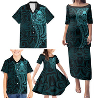 New Zealand Skull Darts Family Matching Puletasi and Hawaiian Shirt Aotearoa Maori Chest Tattoo Stylized Teal LT14 - Polynesian Pride