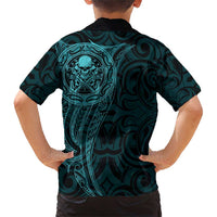 New Zealand Skull Darts Family Matching Short Sleeve Bodycon Dress and Hawaiian Shirt Aotearoa Maori Chest Tattoo Stylized Teal LT14 - Polynesian Pride
