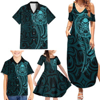 New Zealand Skull Darts Family Matching Summer Maxi Dress and Hawaiian Shirt Aotearoa Maori Chest Tattoo Stylized Teal LT14 - Polynesian Pride