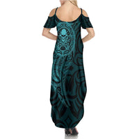 New Zealand Skull Darts Family Matching Summer Maxi Dress and Hawaiian Shirt Aotearoa Maori Chest Tattoo Stylized Teal LT14 - Polynesian Pride