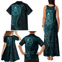 New Zealand Skull Darts Family Matching Tank Maxi Dress and Hawaiian Shirt Aotearoa Maori Chest Tattoo Stylized Teal LT14 - Polynesian Pride