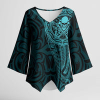 New Zealand Skull Darts Kimono Sleeve Blouse Aotearoa Maori Chest Tattoo Stylized Teal LT14 Female Teal - Polynesian Pride