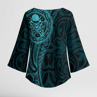 New Zealand Skull Darts Kimono Sleeve Blouse Aotearoa Maori Chest Tattoo Stylized Teal LT14 - Polynesian Pride