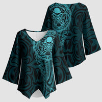 New Zealand Skull Darts Kimono Sleeve Blouse Aotearoa Maori Chest Tattoo Stylized Teal LT14 - Polynesian Pride
