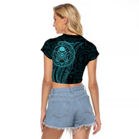 New Zealand Skull Darts Raglan Cropped T Shirt Aotearoa Maori Chest Tattoo Stylized Teal LT14 - Polynesian Pride