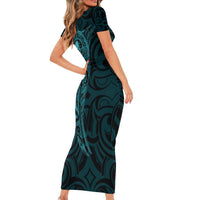 New Zealand Skull Darts Short Sleeve Bodycon Dress Aotearoa Maori Chest Tattoo Stylized Teal LT14 - Polynesian Pride