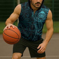 New Zealand Skull Darts Sleeveless Zip Hoodie Aotearoa Maori Chest Tattoo Stylized Teal LT14 - Polynesian Pride