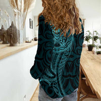 New Zealand Skull Darts Women Casual Shirt Aotearoa Maori Chest Tattoo Stylized Teal - Polynesian Pride