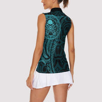New Zealand Skull Darts Women Sleeveless Polo Shirt Aotearoa Maori Chest Tattoo Stylized Teal LT14 - Polynesian Pride