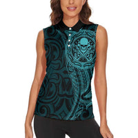 New Zealand Skull Darts Women Sleeveless Polo Shirt Aotearoa Maori Chest Tattoo Stylized Teal LT14 - Polynesian Pride
