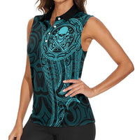 New Zealand Skull Darts Women Sleeveless Polo Shirt Aotearoa Maori Chest Tattoo Stylized Teal LT14 - Polynesian Pride