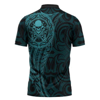 New Zealand Skull Darts Zipper Polo Shirt Aotearoa Maori Chest Tattoo Stylized Teal LT14 - Polynesian Pride