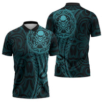New Zealand Skull Darts Zipper Polo Shirt Aotearoa Maori Chest Tattoo Stylized Teal LT14 - Polynesian Pride
