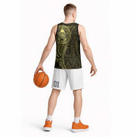 New Zealand Skull Darts Basketball Jersey Aotearoa Maori Chest Tattoo Stylized Gold LT14 - Polynesian Pride