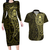 New Zealand Skull Darts Couples Matching Long Sleeve Bodycon Dress and Hawaiian Shirt Aotearoa Maori Chest Tattoo Stylized Gold LT14 Gold - Polynesian Pride