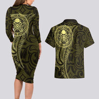 New Zealand Skull Darts Couples Matching Long Sleeve Bodycon Dress and Hawaiian Shirt Aotearoa Maori Chest Tattoo Stylized Gold LT14 - Polynesian Pride